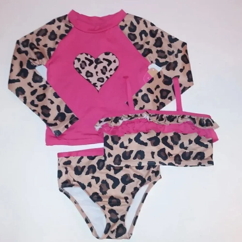 Lily & Dan Girls 3 Piece Swim Set Bikini Rash Guard Long Sleeve Pink Leopard NWT